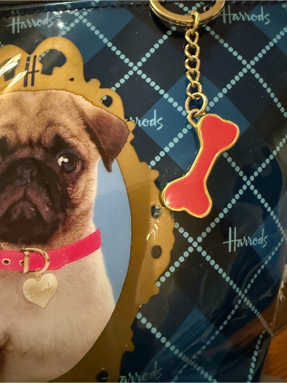Harrods London Blue Mini Plaid Tote with Pug Portrait and Pink Bone Charm NWOT - Picture 3 of 6
